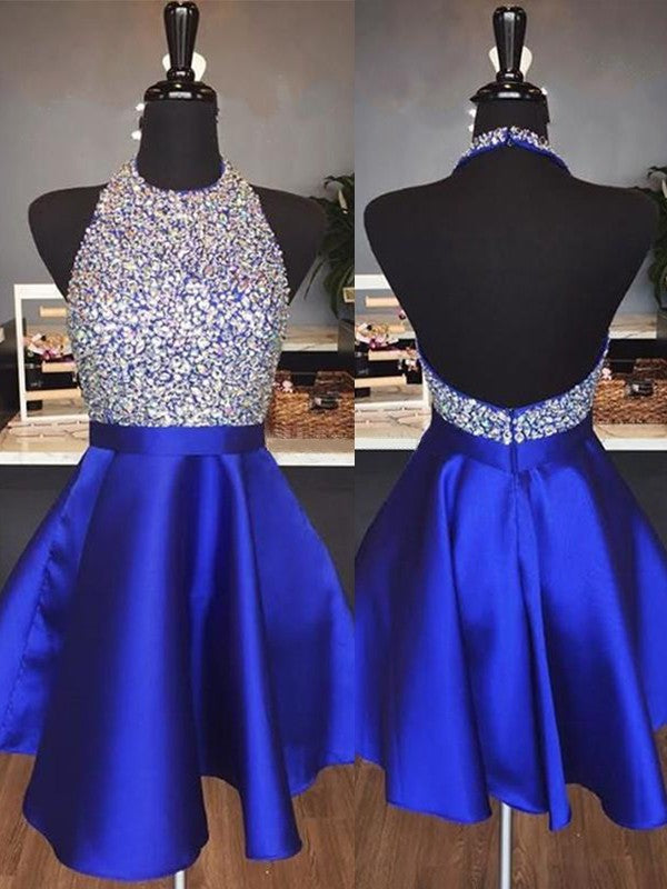 Wholesale A-Line Halter Cut Short With Beading Satin Royal Blue Homecoming Dresses